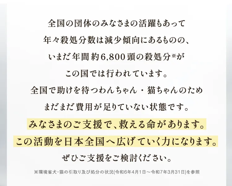 全国の団体のみなさまの活躍もあって年々殺処分数は減少傾向にあるものの、いまだ年間6,800頭の殺処分※がこの国では行われています。全国で助けを待つわんちゃん・猫ちゃんのため まだまだ費用が足りていない状態です。みなさまのご支援で、救える命があります。この活動を日本全国へ広げていく力になります。ぜひご支援をご検討ください。※環境省⽝・猫の引取り及び処分の状況(令和6年4⽉1⽇〜令和7年3⽉31⽇)を参照