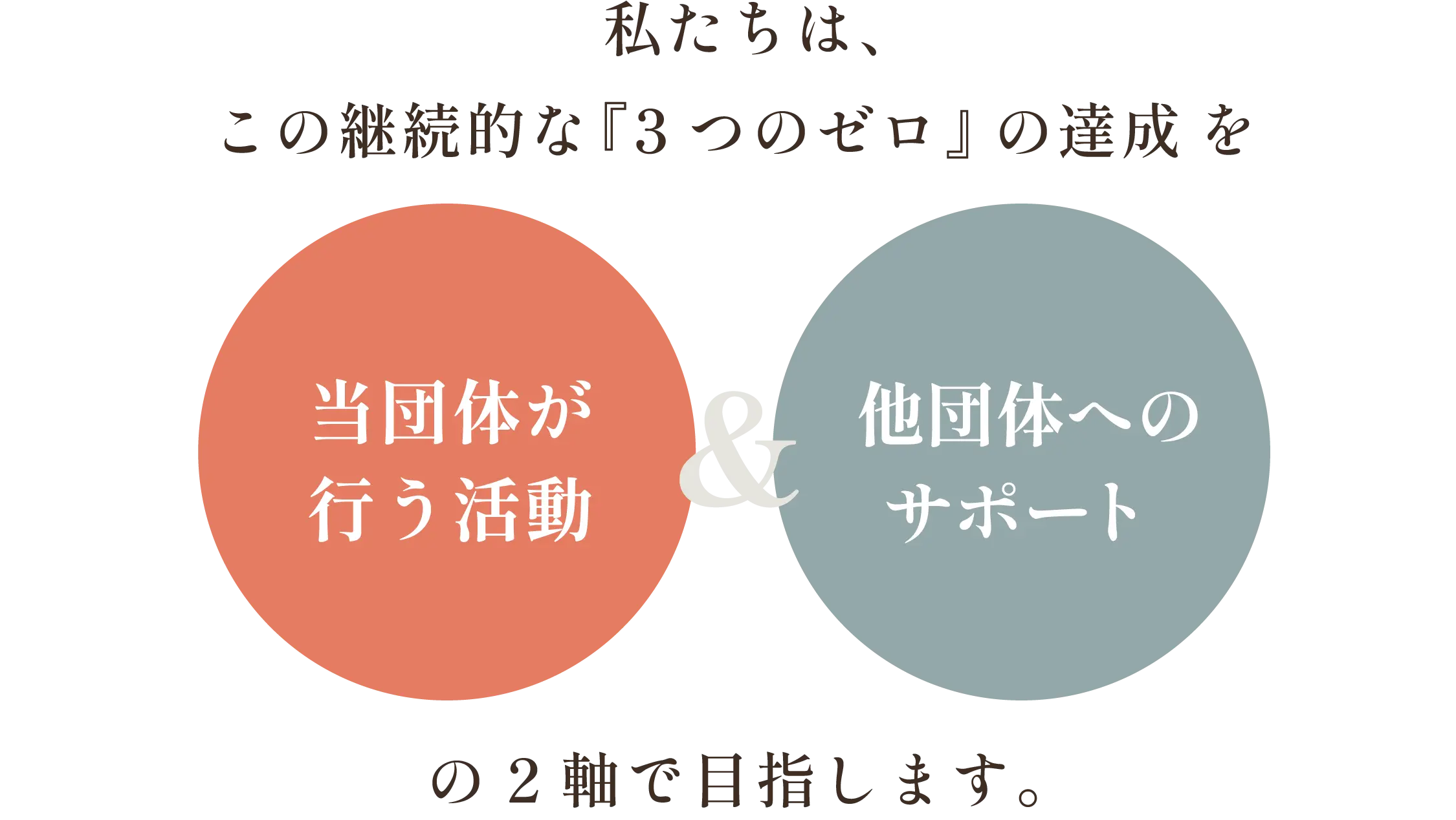 私たちは、この継続的な『3つのゼロ』の達成を当団体が行う活動、他団体へのサポートの2軸で目指します。