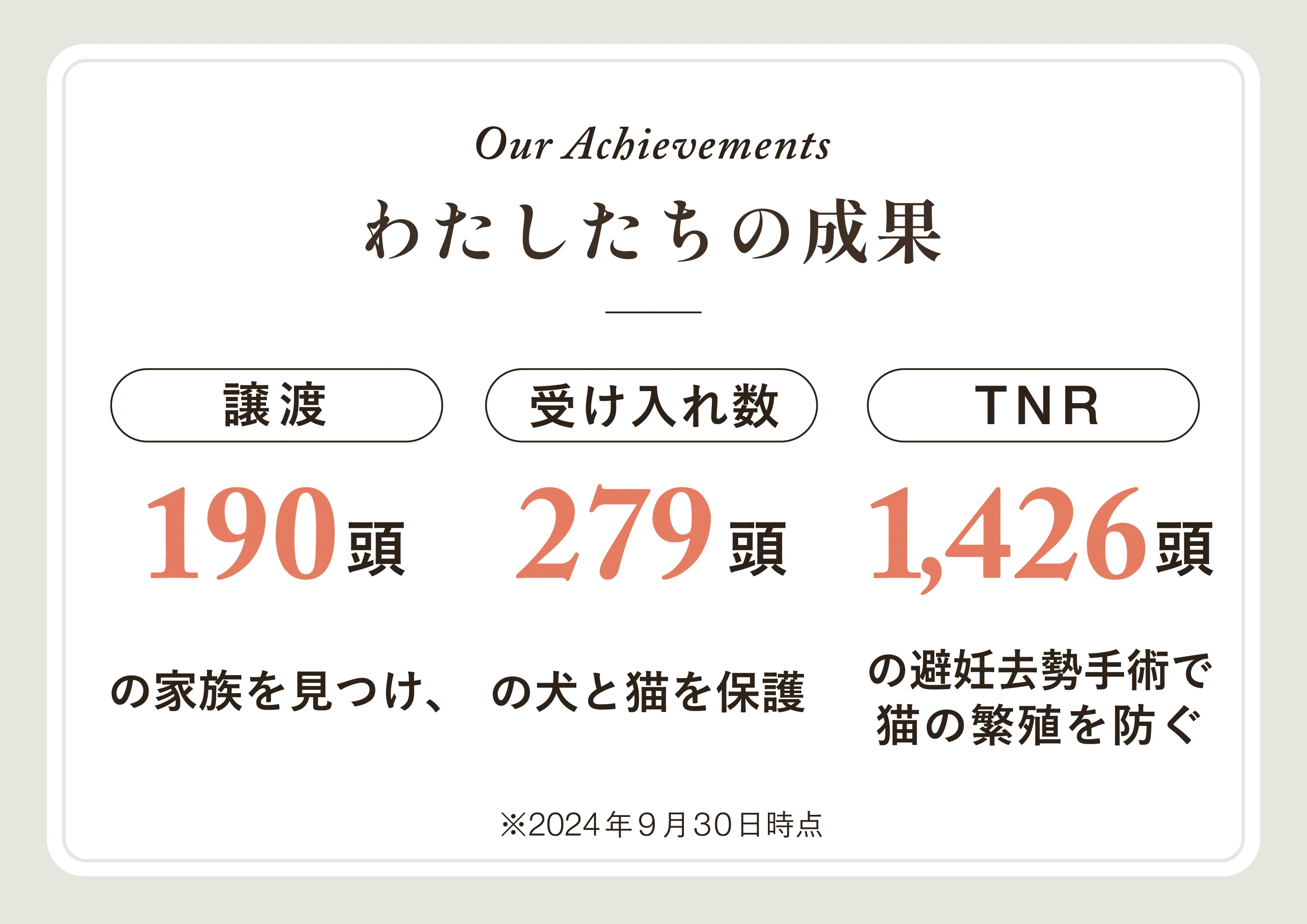 Our Achievements。わたしたちの成果。譲渡177頭。受け入れ数241頭。TNR1336頭。2024年8月31日時点