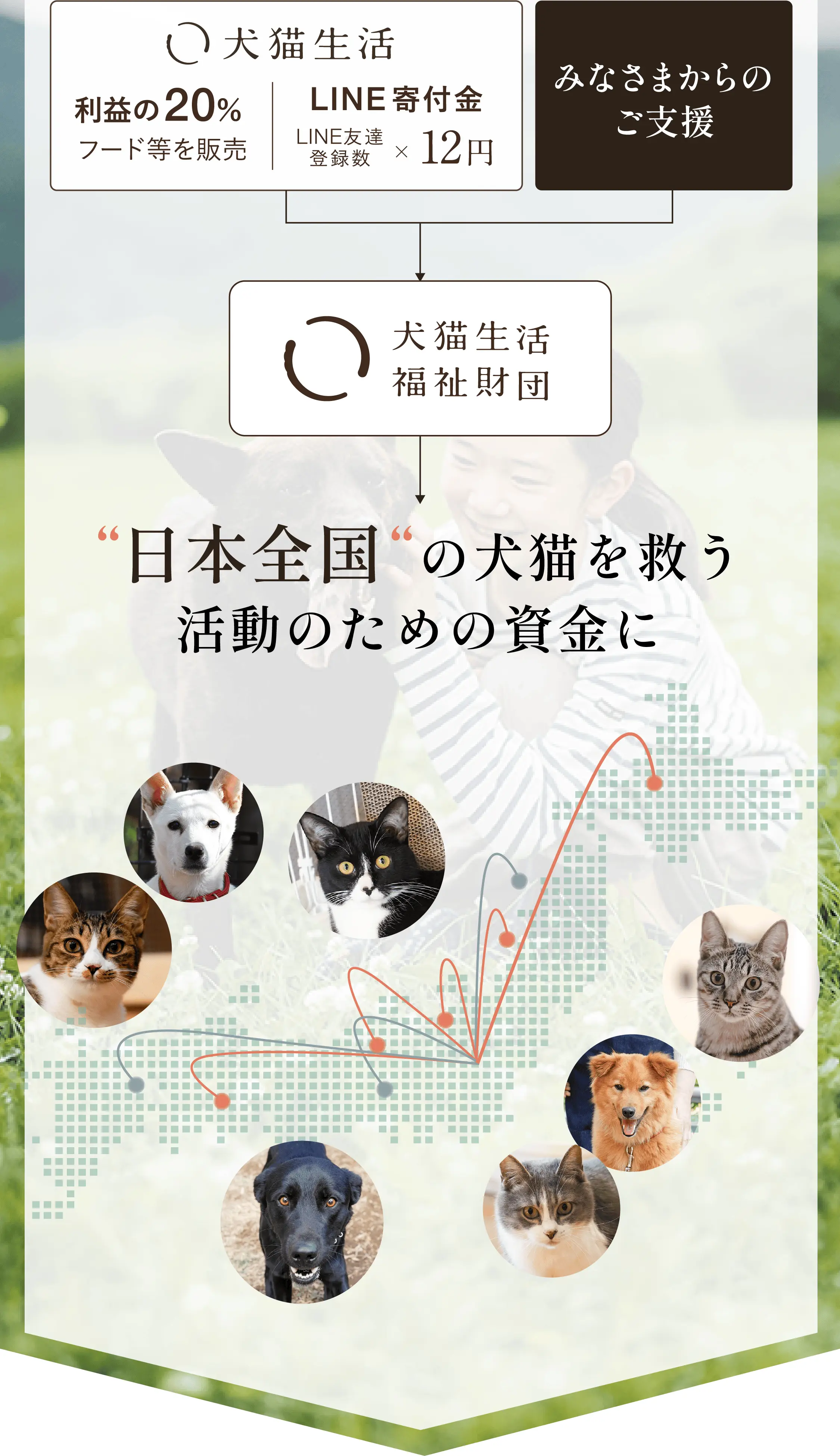 犬猫生活（フード等の販売利益20% + LINE寄付金LINE友達登録数x12円）、みなさまからのご支援を、犬猫生活福祉財団から、日本全国の犬猫を救う活動のための資金に