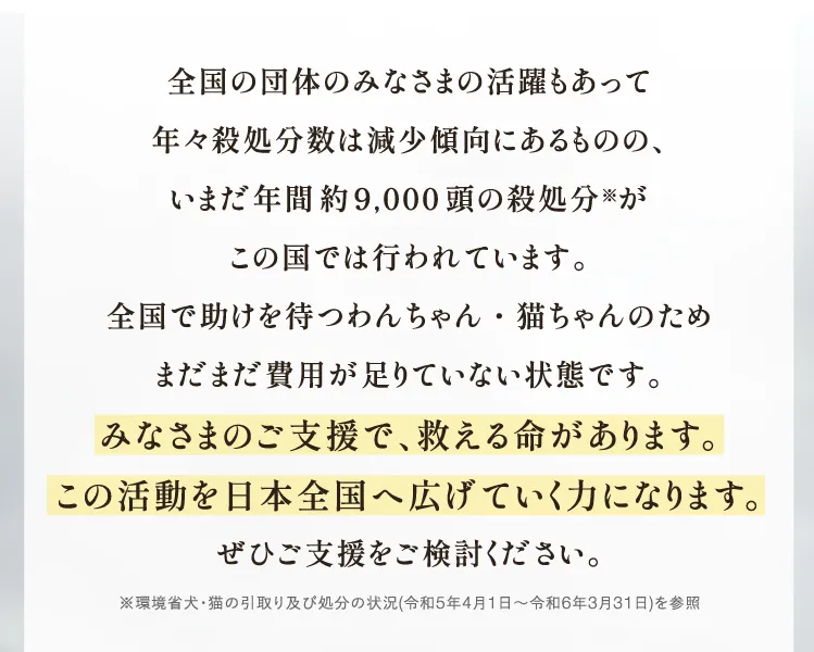 全国の団体のみなさまの活躍もあって年々殺処分数は減少傾向にあるものの、いまだ年間1.2万頭の殺処分※がこの国では行われています。全国で助けを待つわんちゃん・猫ちゃんのため まだまだ費用が足りていない状態です。みなさまのご支援で、救える命があります。この活動を日本全国へ広げていく力になります。ぜひご支援をご検討ください。※環境省⽝・猫の引取り及び処分の状況(令和4年4⽉1⽇〜令和5年3⽉31⽇)を参照